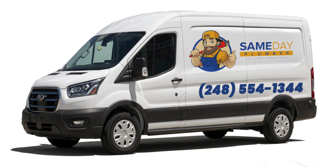 Professional plumbing service van parked in front of a residential home in the U.S.